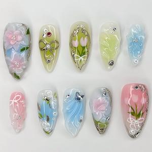 30Pcs Spring Summer Press on Nails Medium Almond Fake Nails 3D Flower False Nails with Butterfly Pearl Nails Designs Cute Floral Silver Bow Acrylic Nails Green Leaves Floral Stick on Nails for Women (style07)