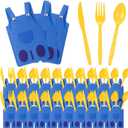 30 Sets Yellow Jeans Cartoon Themed Birthday Silverware Disposable Knife Fork Spoon with Blue Jeans Cutlery Bags for Birthday Party Favors Guests Table Decorations