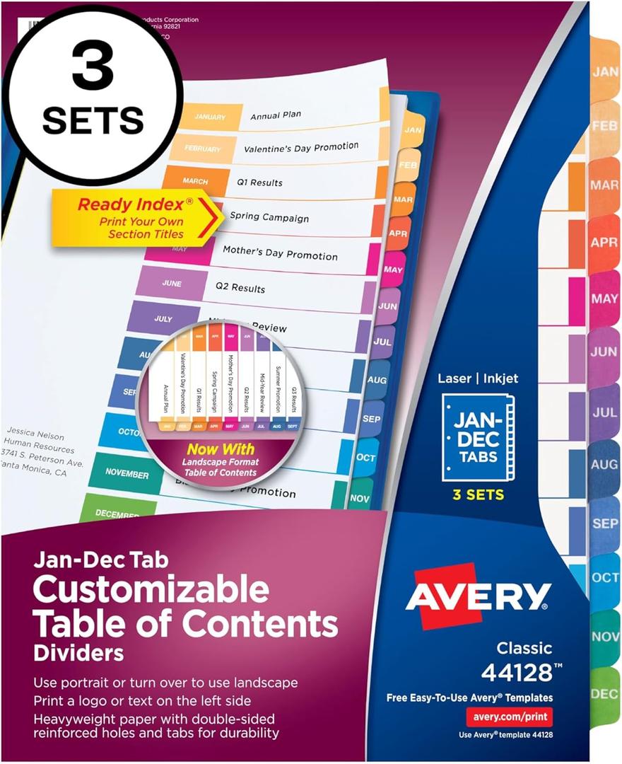 Avery Jan-Dec 12 Tab Dividers for 3 Ring Binders, Customizable Table of Contents, Multicolor Tabs, 3 Sets (44128)