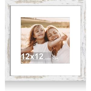 Hongkee 12x12 Picture Frame with Real Glass - 8x8 Wooden Frame with Mat, Horizontal and Vertical Display for Wall or Tabletop (Distressed White, 1 Pack)