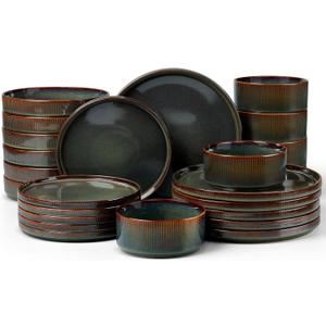 LIANYU Dinnerware Sets with Pasta Bowls, 24 Piece Ribbed Dinnerware Plates and Bowls Set for 6, Elegant Modern Stoneware Dishes Set for Kitchen Dining, Microwave and Dishwasher Safe, Jungle Green