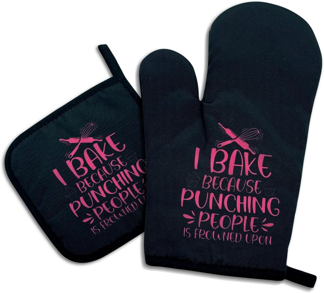 I Bake Because Punching People is Frowned Upon, Funny Oven Mitts and Pot Holders, Silicone Non-Slip Oven Mitts, Bake Lover Gift, Chef Gift, Housewarming Gift Ideas