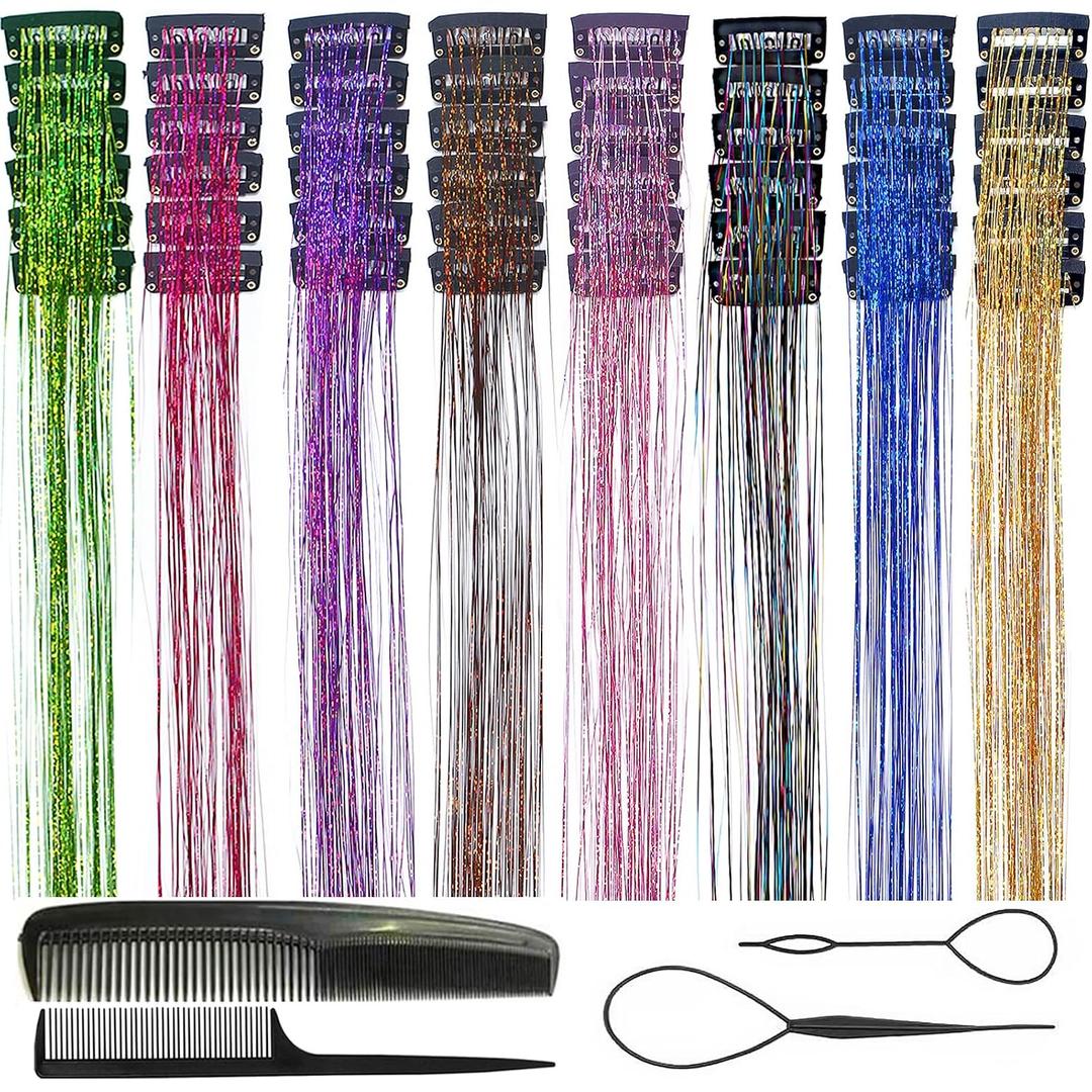48pcs Hair Tinsel Clip in Rainbow Fairy Hair Tinsel Kit 20Inch Glitter tinsel Hair Extensions Clip in Hair Tinsel for Christmas New Year Halloween Party Sparkly Hair Accessories for Girls Women