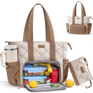 Puffer Lunch Tote Bag for Women, 15.6 Inch Laptop Work Bag with Insulated Lunch Compartment & Large Cup Holder, Lightweight Quilted Puffy Lunch Box Purse for Teacher Nurse Travel Office Daily School (Khaki)