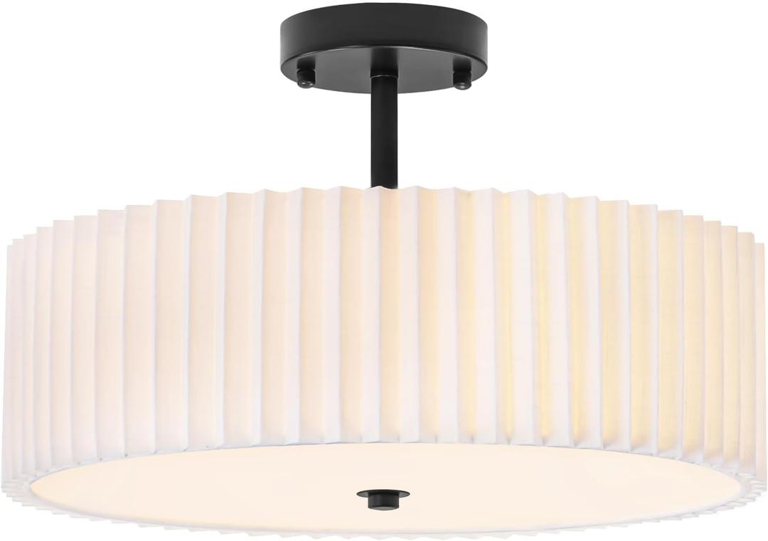 Bargeni 16.5 Inch Semi Flush Mount Ceiling Light,3 Light Modern Black Ceiling Light Fixture with Pleated Fabric Shade,Flush Mount Light Fixture for Bedroom,Living Room,Hallway,Dining Room