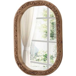 Rustic Oval Rattan Mirrors for Wall 16 X 24 Inch, Hanging Wood Frame Mirrors for Bedroom, Handmade Unique Coastal Mirror Wall Decorative for Bathroom Entryway, Horizontal or Vertical