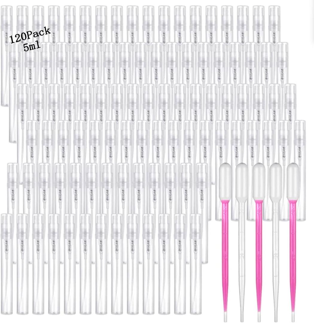 QTLCOHD 120 Pcs 5 ml Spray Bottle, Mini Sample Bottles Empty, Plastic Refillable Atomizer, Fine Mist Spray for Perfume, Essential Oil Portable Bottle for Travel (5ml)