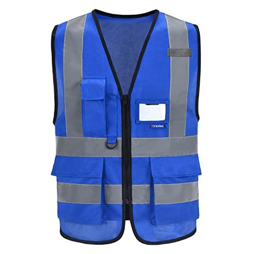 A-SAFETY Blue Safety Vest Reflective Work Vest,Hi Vis Bright Neon Color with 4 Reflective Strips 7 Pockets, XXL