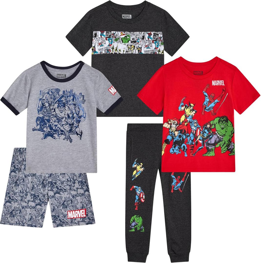 Marvel Spiderman Boys Pants Set - 5 Piece Short Sleeve Tees, Graphic Shorts, and Boys Joggers for Toddlers & Little Kids (4T)