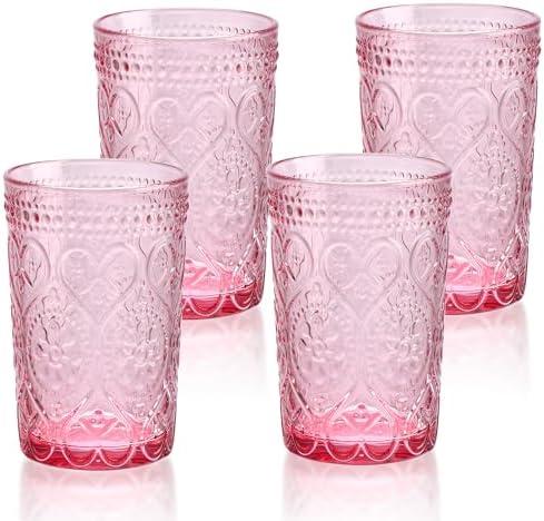 Vintage Drinking Glasses Set of 4-12 OZ Pink Embossed Old Fashioned Water Glasses Tumblers for Whisky, Beer, Juice, Beverages, Cocktail