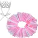 2 Pcs Dog Crown Headband Dog Tutu Dress Set Crystal Rhinestone Tiara Crown Tutu Skirt Pet Dress Costume for Puppy Birthday Party Wedding Photo Prop Costume(Medium,Rose Red, White)