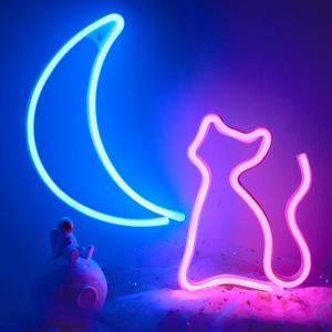 Neon Sign, Werfeito 2 Pack Cat and Moon Neon Lights Sign, LED Neon Lights for Wall Decor USB or Battery Operated Led Neon Signs for Bedroom Kids Room Christmas Birthday Wedding Party Decoration