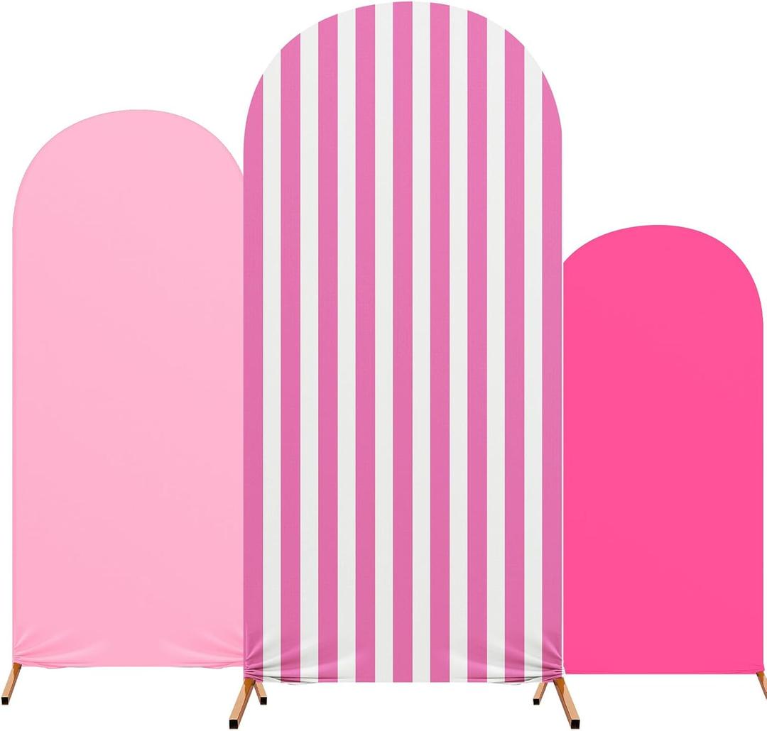 Striped Arch Backdrop Cover Set of 3 Pink Arch Covers Spandex Stretch Backdrop Stand 4ft, 5ft, 6ft for Wedding Birthday Banquet Ceremony Decoration(Pink)