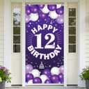 Happy 12th Birthday Decorations for Girls, Purple Fabric Banner Backdrop for 12 Year Old Birthday Party, Yard Sign Style Door Decor, Photo Backdrop for Indoor or Outdoor Use PHXEY