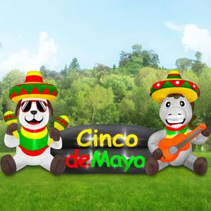 TURNMEON 8 FT Long Cinco De Mayo Inflatables Donkey and Puppy Outdoor Decorations, Mexican Party May 5 Fiesta Banner Taco Sombreros Maracas Guitar Built-in LED Blow Up Decorations for Yard Garden Lawn