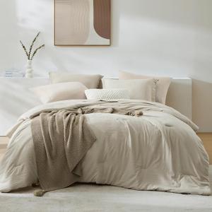 WRENSONGE Light Oatmeal Queen Comforter Set, 7 Pieces Soft Microfiber Comforters Queen Size with Fitted Sheet, Flat Sheet, 2 Pillow Shams, and 2 Pillowcases- Warm Bedding Sets Queen for All Season (7Pcs-Queen(90"*90"))