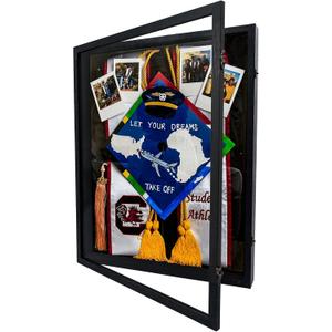 Shadow Box Frame 18x24, Wood Shadow Box Display Case with Glass Window Metal Lock, Memory Box for Memorabilia Awards Medals Photos Black