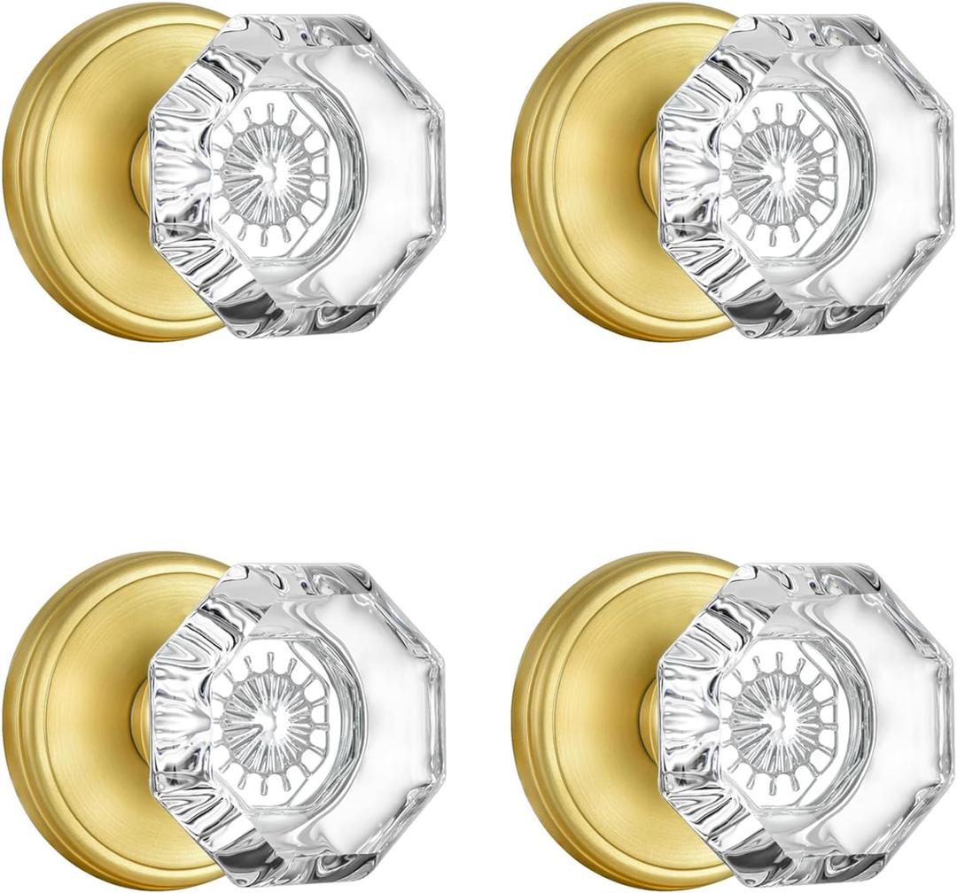 4 Pack Gold Dummy Door Knobs for Interior Doors, Non Turning Crystal Glass Dummy Door Knobs for Hall Closet Bifold, Satin Brass Finish (Dummy 4 Pack)