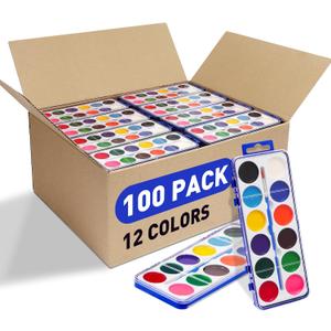 100 Pack Watercolor Paint Set for Kids, 12 Colors Watercolors Paints with Paint Brush, Kids Watercolor Paint Set for Party Favor, Classroom,School Supplies.