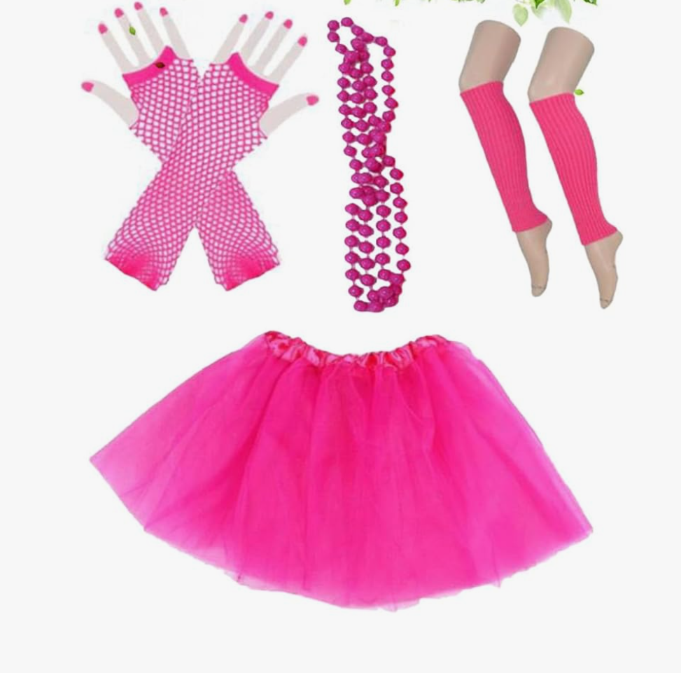 Party Rosy Neon Bead Necklace Fingerless Fishnet Gloves Tutu Skirt Complete Costume Accessories for Themed Events Dance Shows Halloween
