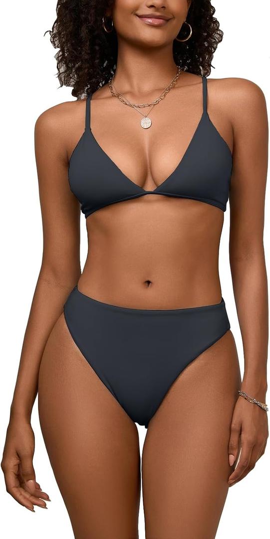Black Bikini Sets for Women Sexy Crisscross Push Up Triangle Bikini Top Cheeky High Waisted Tummy Control Bikini Bottoms L (Black, L)