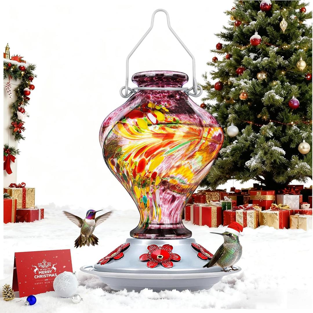Hummingbird Feeders for Outdoors Hanging, BOLITE Glass Hummingbird Feeder, Hand Blown Twisted with Ant Moat and Five Feeding Ports, 24 Ounces, Leak Proof, Purple, Gifts for Women Men