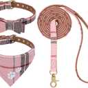 EXPAWLORER Puppy Collar and Leash Set - Embroidery Pawprints Plaid Dog Collar and Dog Leash Set, Bow Tie and Bandana Dog Collar with Bell, Collar and Leash for Dogs Cats Outdoor Walking, Pink S
