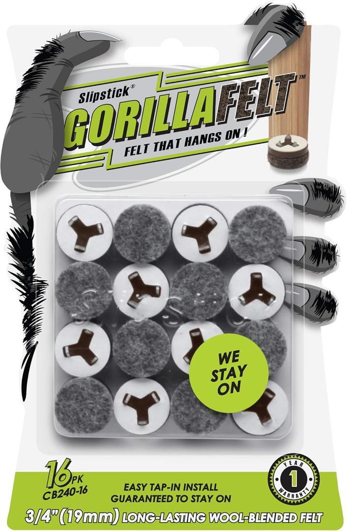 Slipstick GorillaFelt 3/4 Inch Chair Leg Floor Protectors/Felt Glides (Set of 16) Tap On Felt Furniture Pads, Round Sliders, CB240-16