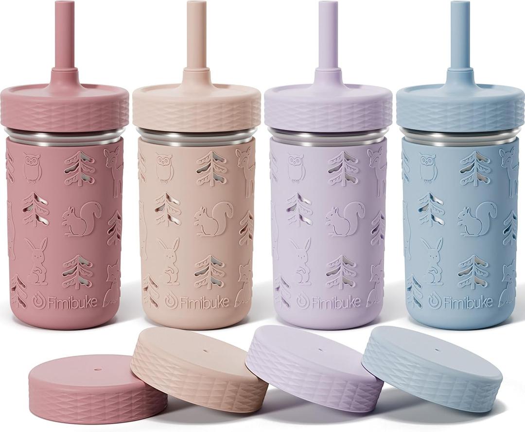 Fimibuke Toddler Cups Spill Proof, 12 OZ Sippy Cups for Kid Girl Boy, Leak Proof Stainless Steel Tumbler with Lid, Silicone Straw & Sleeve, BPA Free Dishwasher Safe Water Bottle Snack Container 4 Pack