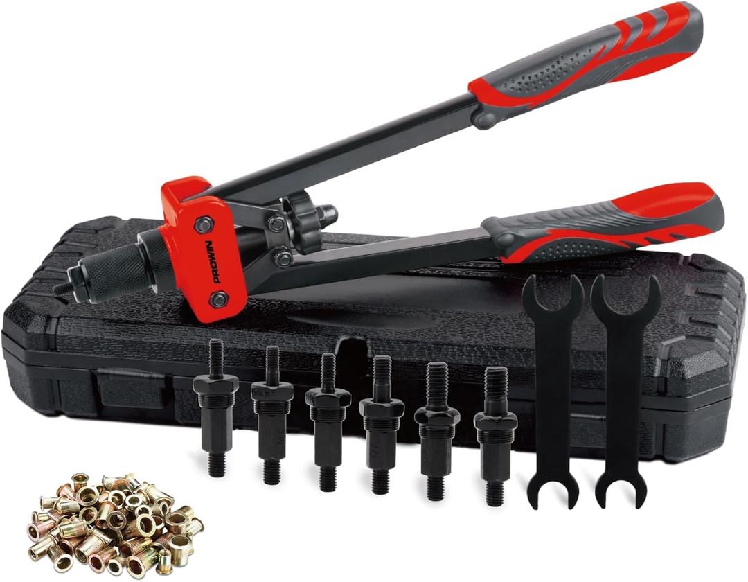 PROWIN 14" RIVET NUT TOOL Labor-saving Hand Rivet Tool Kit Including 6 Interchangeable Mandrels 90pcs Rivnuts 2pcs Wrenches and Rugged Carrying Case