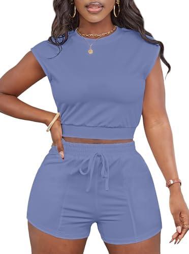 LovelyWholesale Short Sets for Women 2 Piece Summer Sets Cap Sleeve Crop Tops and Shorts Tracksuits Sets, XL, Blue 