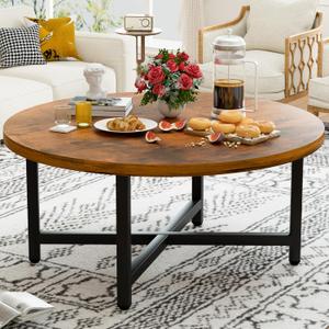 Coffee Table, 31.5" Large Coffee Tables, Brown Round Coffee Tables for Living Room, Floor Table for Sitting on The Floor, Center Coffee Table with Metal Frame for Office Apartment Home, Round, 31.5-inch diameter, 17.7-inch height