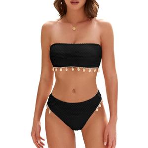 ZAFUL Women Strapless Bandeau Bikini Shell 2 Piece Swimwear Cheeky Solid Lace up Pom Bathing Suits (Small, 0-black)