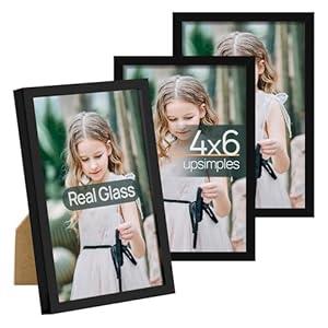 upsimples 4x6 Picture Frame Set of 3, Made of High Definition Glass for 4 x 6, Wall and Tabletop Display Thin Border Photo Frames for Home Decor, Black