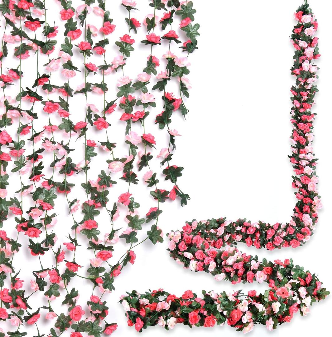 8 Pcs 66 Ft Flower Garland Rose Vines,Rose Floral Vines with Green Leaves and 45 Head Flowers,Hanging Rose Garland,Fake Rose Vine,Floral Garland Decor for Home Wedding Party Garden (Red-Pink)