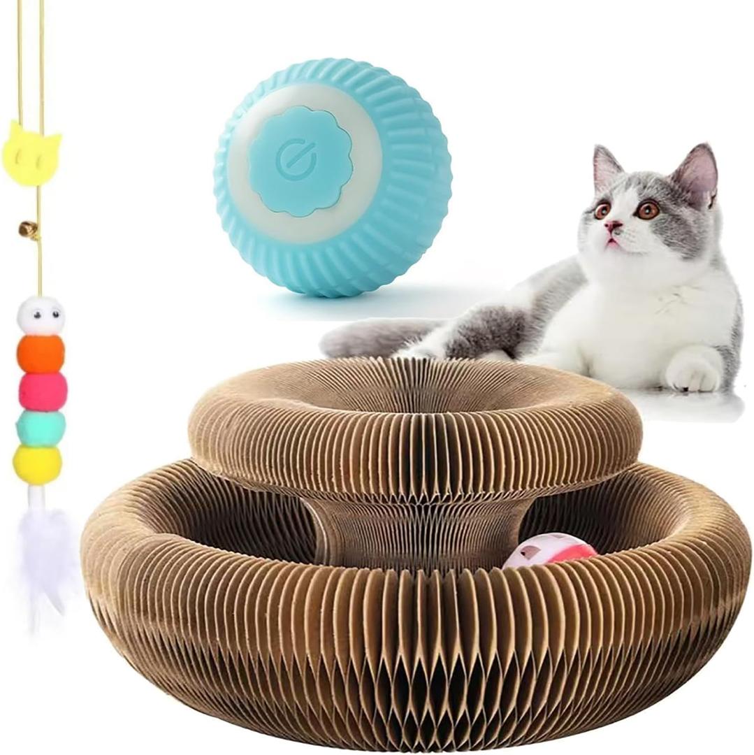 Kitty Curlz Interactive Cat Toy, Brown Accordion Kitty Curls Scratching Board with Paw Design, Bell Ball, Magnetic Collapsible Tunnel for Cats