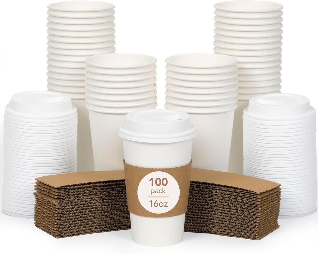 DAILYLIFE Pack of 100 16oz Disposable Coffee Cups with White Lids and Sleeves, Premium Thickened, Leak-Proof Paper Cups for Hot Drinks, To Go Cups for Home, Office, Parties, Travel