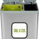60 Liter / 16 Gallon Rectangular Hands-Free Dual Compartment Recycling Kitchen Step Trash Can with Soft-Close Lid, Brushed Stainless Steel (38L x 22L Capacity)
