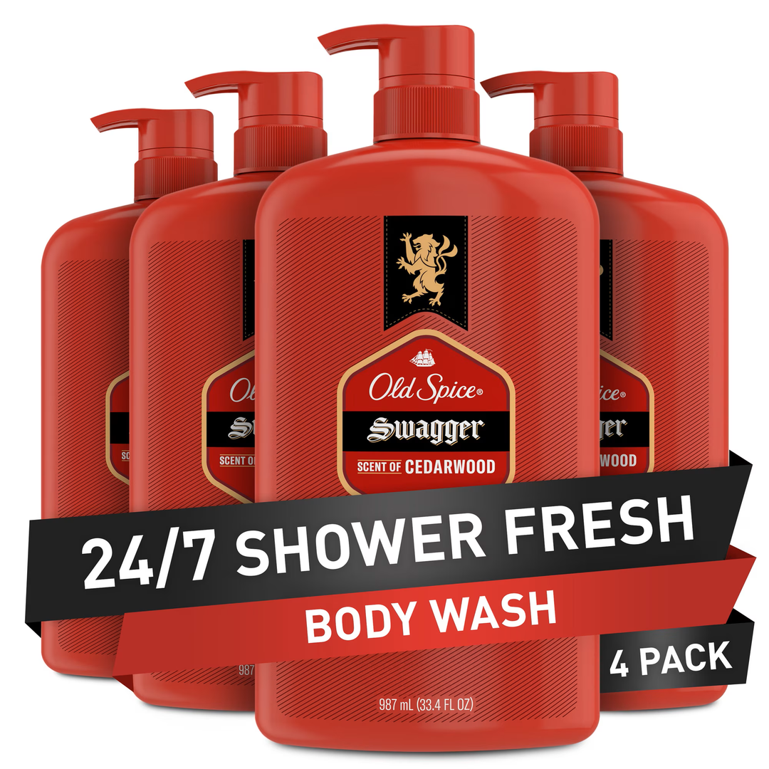 Old Spice Body Wash for Men, 24/7 Shower Fresh with Long Lasting Scent, Refreshing 3X Defense, Red Collection, Swagger with Cedarwood Scent, 33.4 oz (Pack of 4)