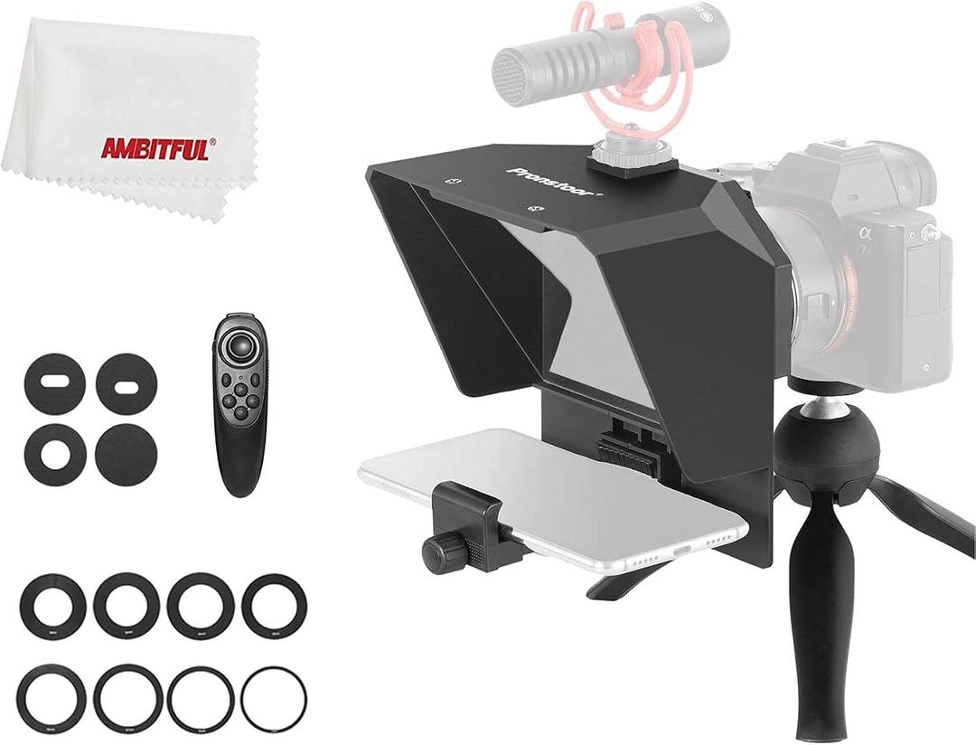 AMBITFUL Portable Teleprompter Kit - 7.5'' Mini Teleprompter with Desktop Tripod &Remote Control for Phone and DSLR Camera Live Stream Interview Video Recording