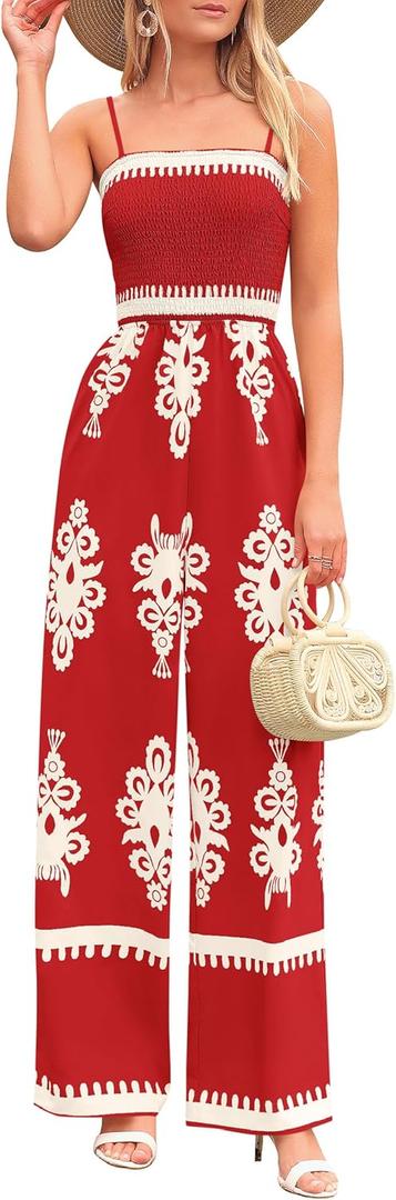 PRETTYGARDEN Women's Summer Boho Jumpsuits One Piece Beach Vacation Outfits Spaghetti Strap Wide Leg Pants Rompers (Red Apricot Floral,XX-Large) Red