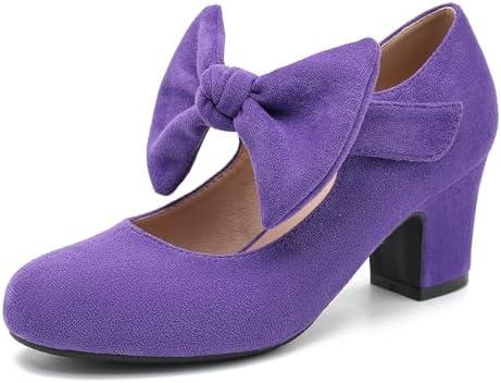 Peijely Women's Bow Mary Jane Chunky Heel Pumps Ankle Strap Round Toe Dress Wedding Party Shoes Size 42