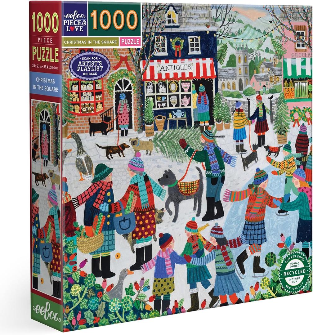 eeBoo Piece & Love: Christmas in The Square - 1000 Piece Puzzle, 23" Square Adult Jigsaw, Cozy Small Town Holiday Winter Scene, Image Reference Insert