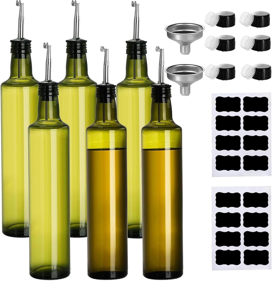 Frcctre 6 Pack 17 Oz Glass Olive Oil Dispenser Bottles, Oil and Vinegar Cruet Set With Stainless Steel Pourer Spouts, Olive Oils Carafe Decanter for Kitchen, Dark Green