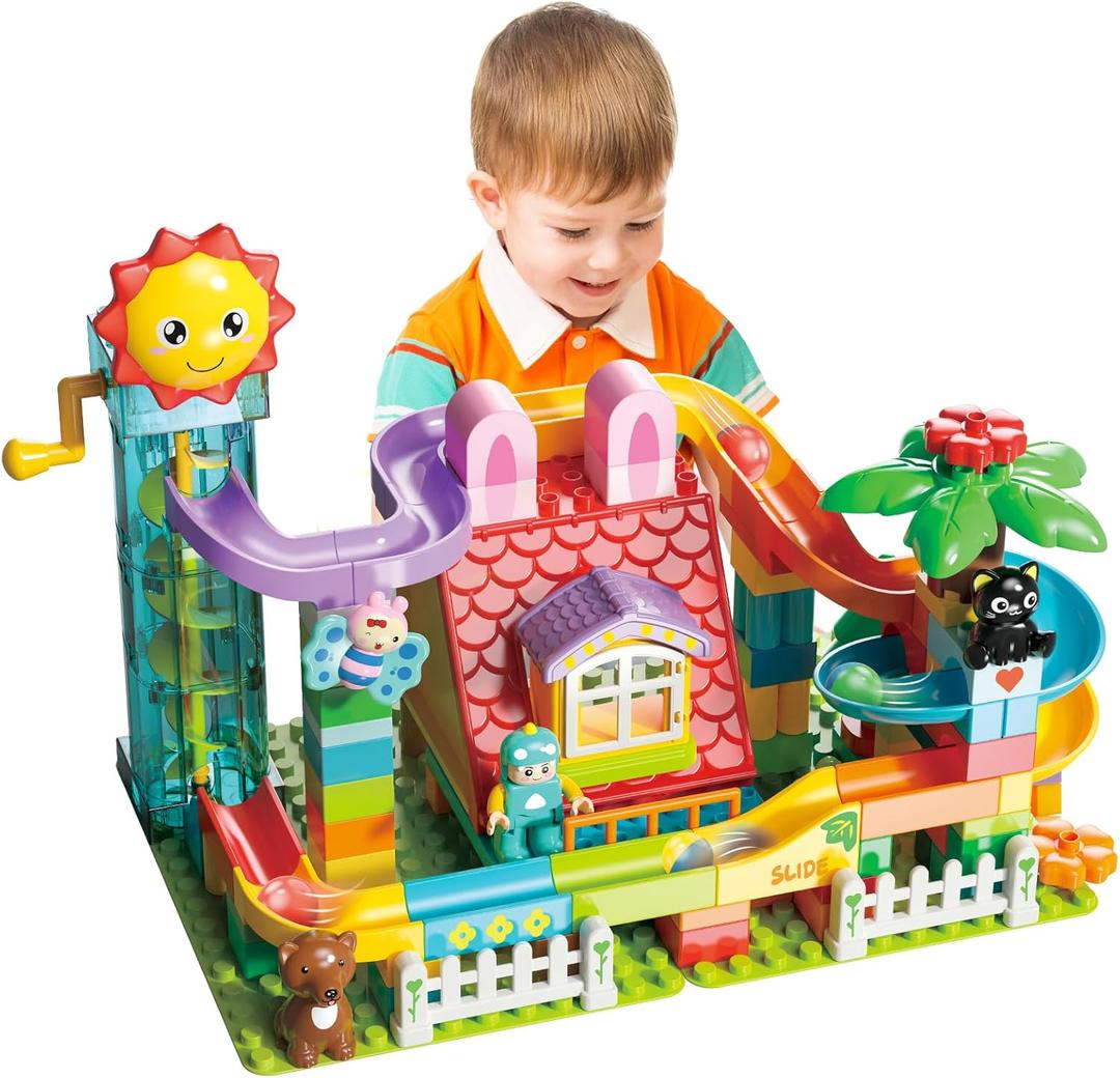 Kid Marble Run Building Blocks with Elevator Spiral Lift,Gift Toy Bricks Marble Maze Ball Race Track Set with Motorized Elevator,Big Blocks Educational STEM for 3 4 5 6 7 8 Year Old Boys Girls