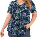FOLUNSI Womens Plus Size Short Sleeve Henley Shirt V Neck Floral Blouses Tunic Tops M-4XL (XXXL)