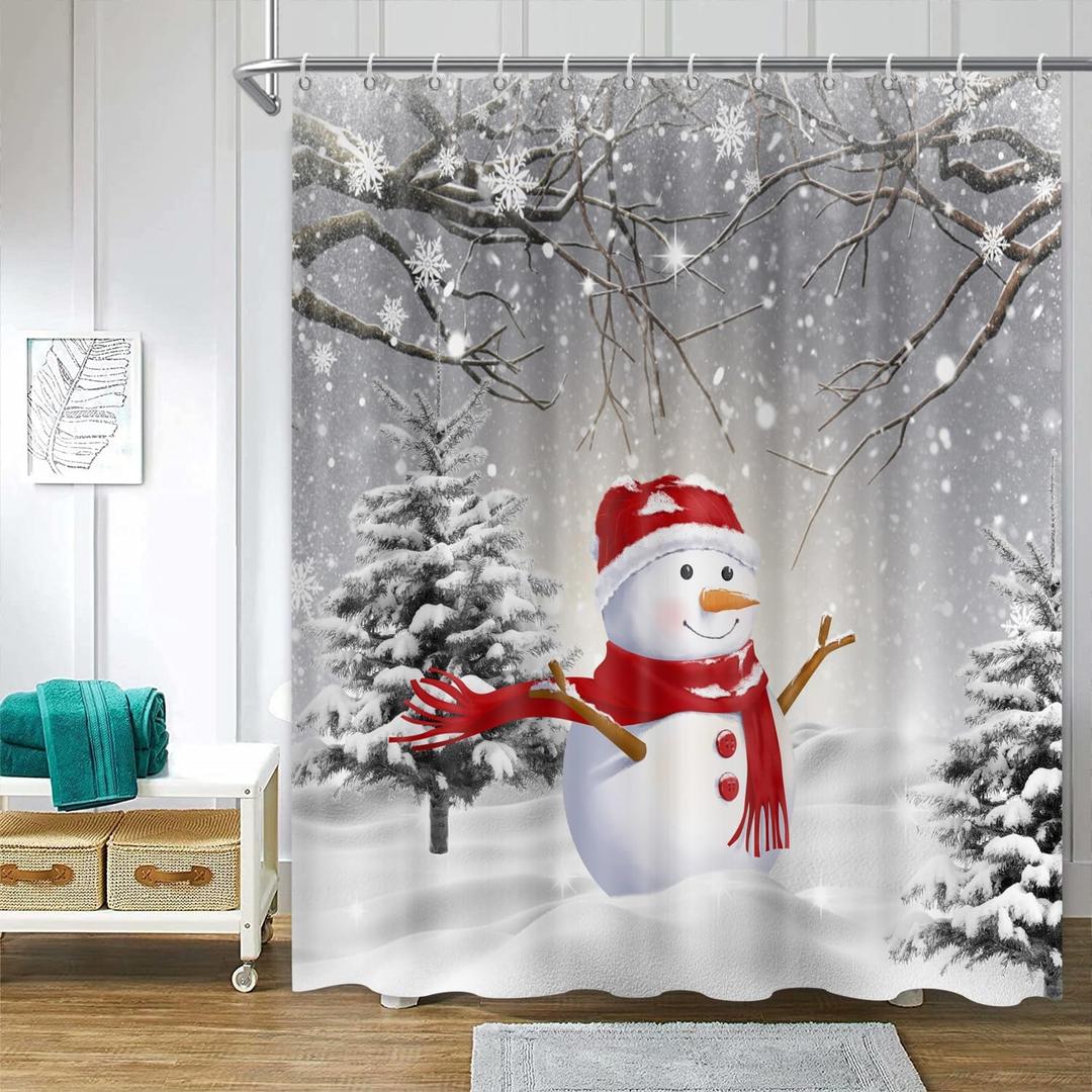 Winter Snowman Shower Curtain for Bathroom Christmas Pine Tree Snowflake on Rustic Wooden Board Xmas Shower Curtains Holiday Bathroom Decor with Hooks 72 x 72 Inches Softable Polyester Fabric (Multi Snowman 05)