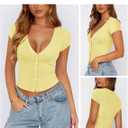 Women's Ribbed Button Down Shirt Cap Sleeve Tops for Women Button Up Knit Slim Fit Casual Y2K Crop Going Out Top (Yellow, S)