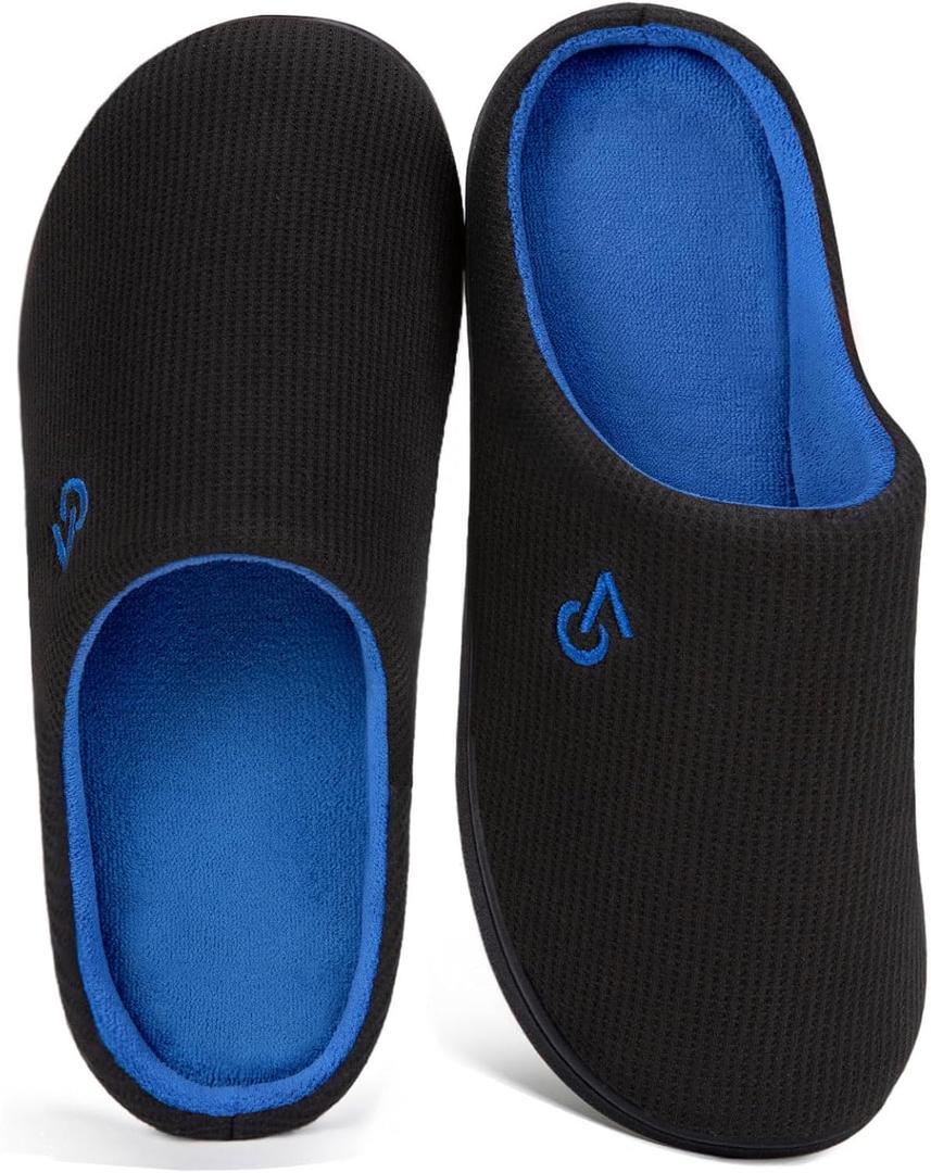VeraCosy Men's Two-Tone Memory Foam House Slippers Indoor Outdoor Durable Rubber Sole (13-14, Black/Sapphire Blue)