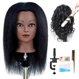 ISHOT Mannequin Head Human Hair,16"100% Real Human Hair,Beauty School Hair Practice Head,Manikin Cosmetology Hairdresser Training Head,Doll Head